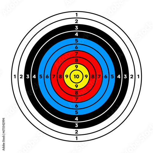 Shooting range paper target with divisions, marks and numbers. Archery, gun shooting practise and training, sport competition and hunting. Bullseye and aim. Vector illustration