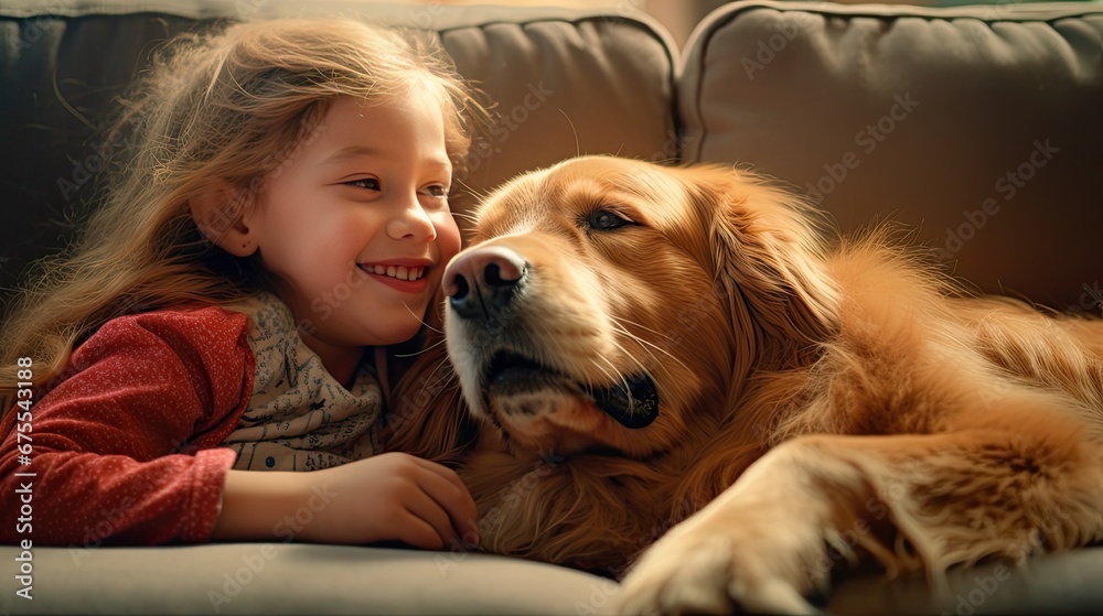 a cute little child and their Golden Retriever sharing a heartwarming moment on a cozy sofa at home.