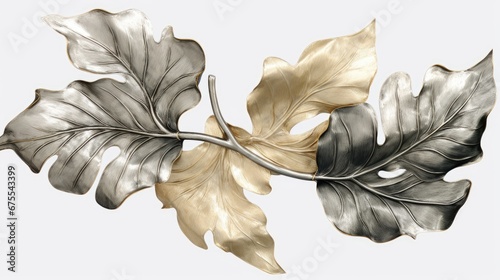  a silver and gold leaf is shown on a white background with a black and white image of a leaf on the left side of the image.  generative ai