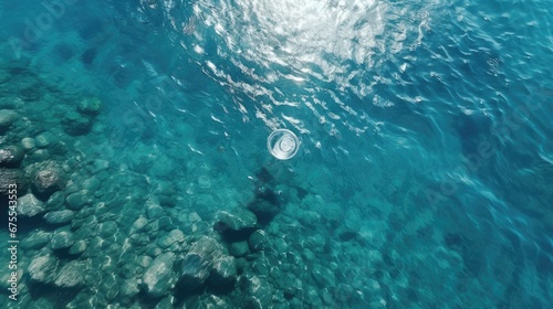  an aerial view of a body of water with rocks in the foreground and a boat in the middle of the water.  generative ai