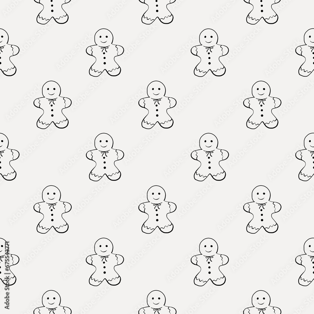 Christmas pattern with illustration of minimalist gingerbread cookies. Christmas sketch background for textiles, stationery, decoration, prints