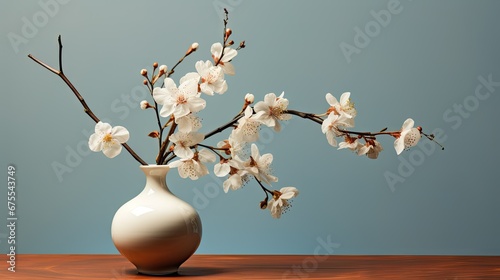  a white vase filled with white flowers on top of a wooden table with a blue wall in the back ground.  generative ai