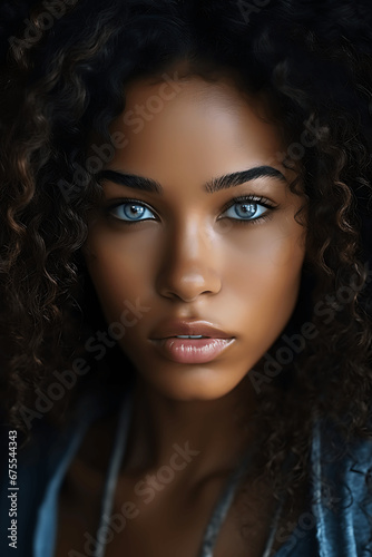 Retrato de una mujer de raza negra con pelo moreno y corto y ojos claros