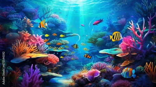 A vibrant coral reef teeming with colorful fish, swaying gently in the clear, turquoise waters. © Faisal Ai