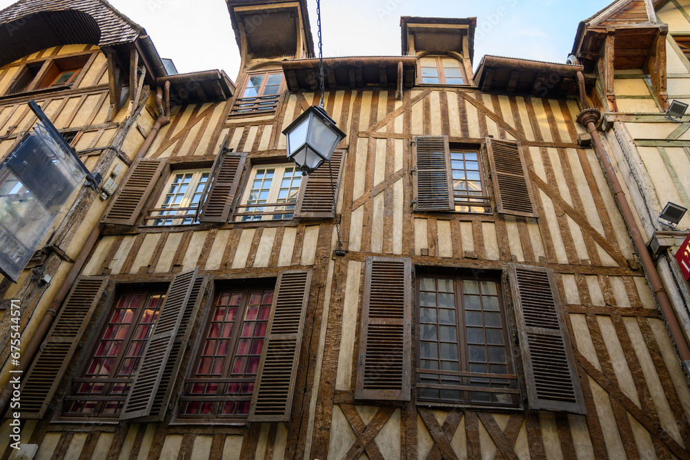 Obraz premium Medieval central part of Troyes old city with half-timbered houses and narrow streets, Champagne, France, tourists destination