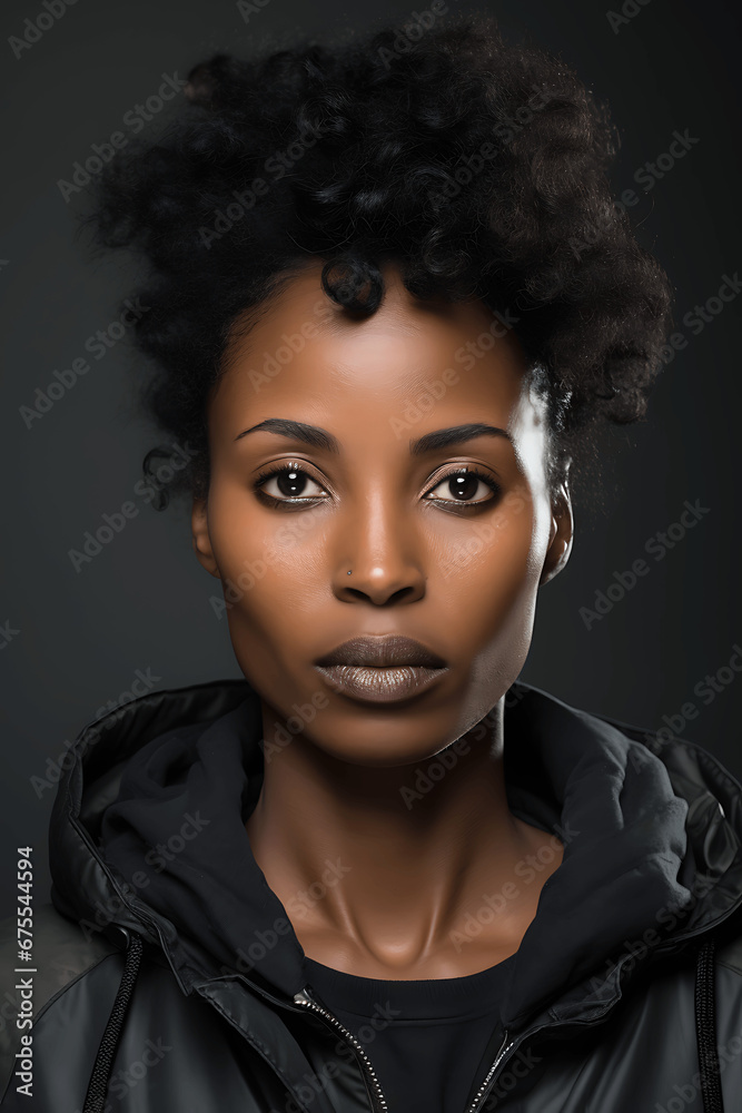Retrato de una mujer de raza negra con pelo moreno y corto Retrato de una mujer de raza negra con pelo moreno y corto