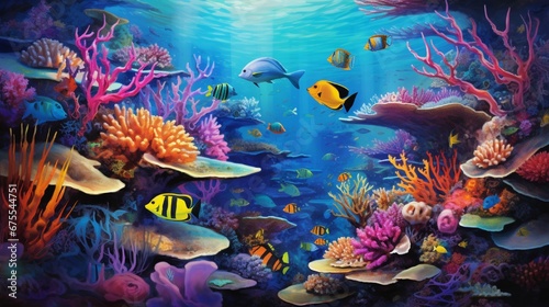 A vibrant coral reef teeming with colorful fish, swaying gently in the clear, turquoise waters.