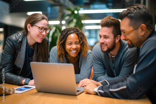 Diverse team of co-workers brainstorming product design on laptop