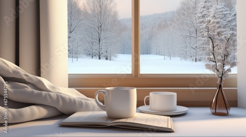 a steaming mug of hot coffee, an open book, and a warm blanket resting on the windowsill inside a modern minimalist cottage. The scene is complemented by a snowy landscape with snowdrifts outside. © lililia