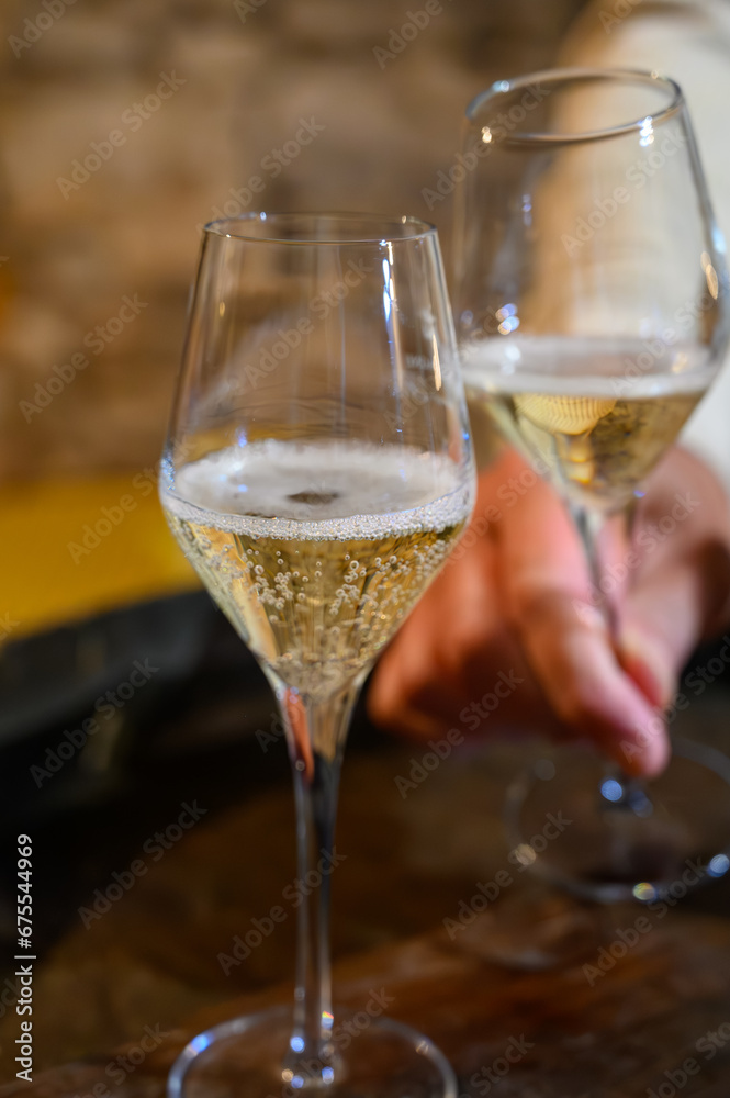Tasting of grand cru sparkling white wine with bubbles champagne by old champagne caves in grand cru wine producer small village Cramant, Champagne, France Tasting of grand cru sparkling white wine with bubbles champagne by old champagne caves in grand cru wine producer small village Cramant, Champagne, France