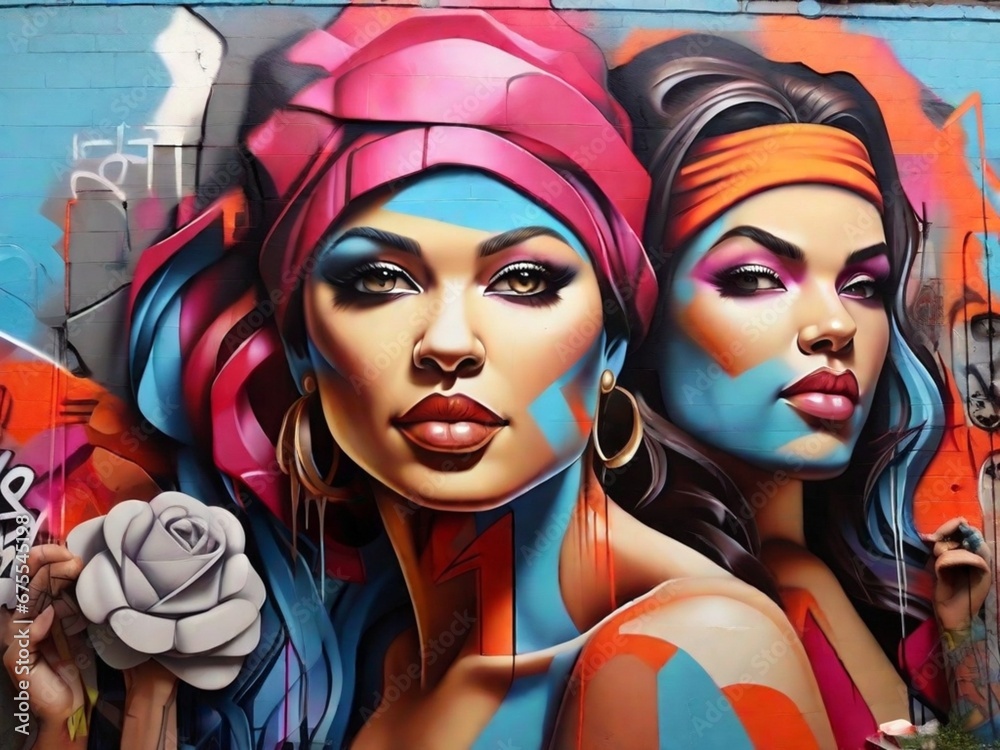 Fototapeta premium portraits on the walls of houses, graffiti