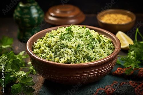 a bowl of green rice with parsley and lemons