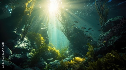  the sun shines brightly through the water in a seaweed - like area with rocks and algaes on the bottom of the water. generative ai