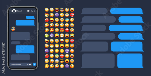 Smartphone messaging app, user interface with emoji. SMS text frame. Chat screen, blue message bubbles. Texting app for communication. Social media application. Dark mode. Vector illustration