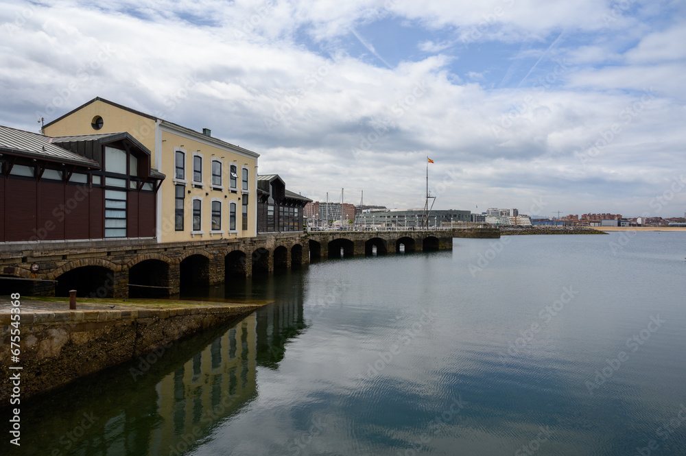 View on houses, jachts, boats in port of Gijon, Asturias, Spain
