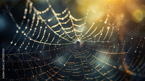  a close up of a spider web with drops of dew on it's spider's web, with the sun shining in the background. generative ai