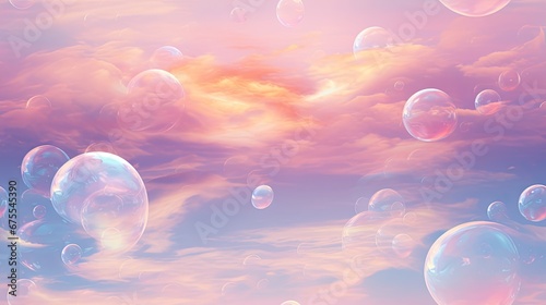  a bunch of soap bubbles floating in the air in front of a cloudy sky with a sun in the background. generative ai