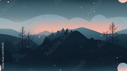  a night scene with mountains and trees in the foreground and a full moon in the sky in the background.  generative ai