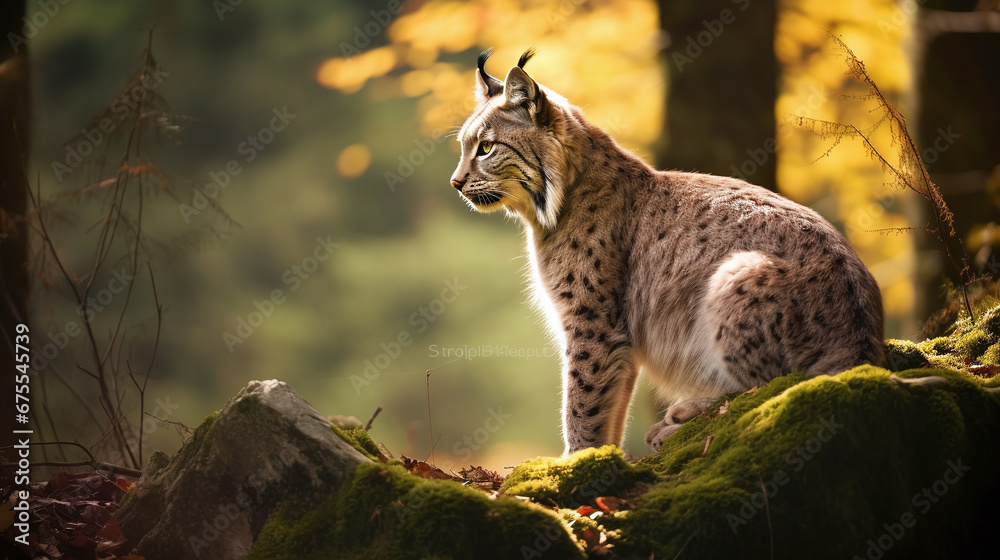 Obraz premium gorgeous lynx sitting at the ground of a tree in a idyllic autumn forest