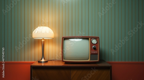 old retro TV and vintage electric lamp by wall, television set and old-fashioned furniture