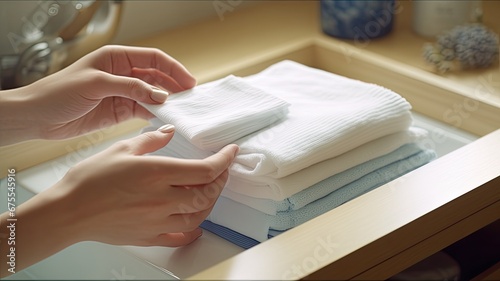 a woman's hands carefully and neatly folding towels using Marie Kondo's method, a close-up view from above to emphasize the precision of the folding technique. photo