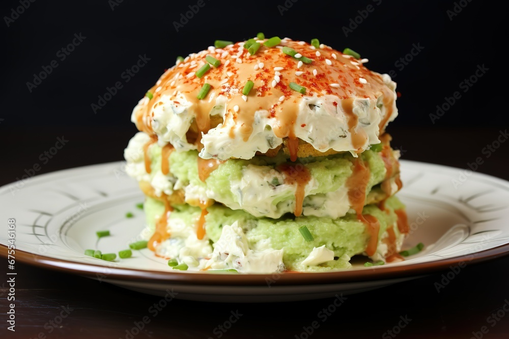 a stack of food on a plate with sauce and toppings a stack of food on a plate with sauce and toppings