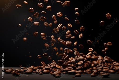  falling coffee beans on a black surface with a black background, coffee beans