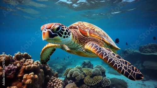 A wise-looking sea turtle gliding gracefully through the crystal-clear waters of a coral reef.