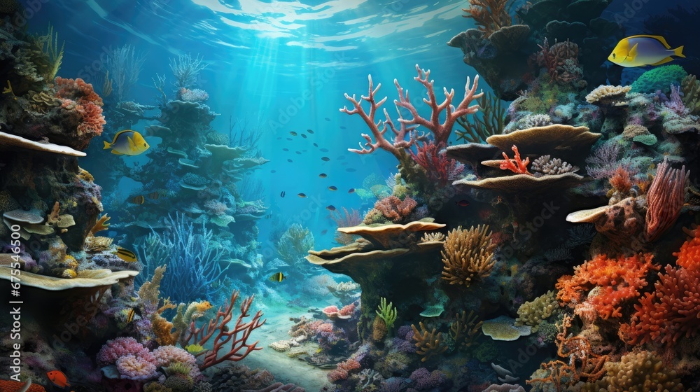  a painting of an underwater scene with corals, fish, and sponges of coral on the bottom of the water.  generative ai
