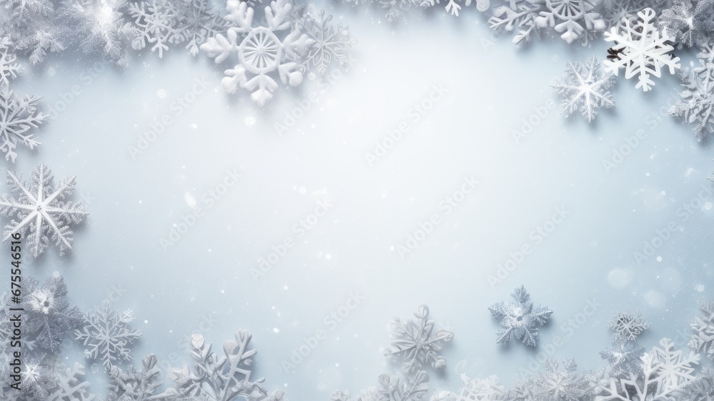 a delicate frame made of snowflakes in pastel gray tones, evoke a winter concept and be presented in a flat lay style with a top view, ample copy space to convey the holiday message.