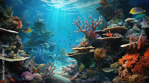  a painting of an underwater scene with corals, fish, and sponges of coral on the bottom of the water. generative ai