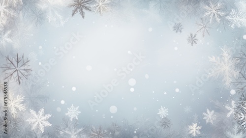 a delicate frame made of snowflakes in pastel gray tones, evoke a winter concept and be presented in a flat lay style with a top view, ample copy space to convey the holiday message.