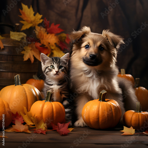 Spooky Halloween Night with Puppies and Kittens, Adorable Puppies and Kittens with Halloween Toys, Puppies and Kittens Showcasing Adorable Outfits, Puppies and Kittens in Halloween Costumes and Autumn
