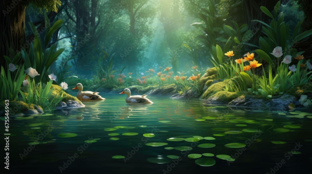  a painting of two ducks swimming in a pond surrounded by green plants and water lilies with yellow flowers in the background.  generative ai