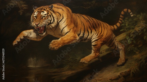 An Indochinese tiger in mid-leap  captured in the act of pouncing on its unsuspecting prey.