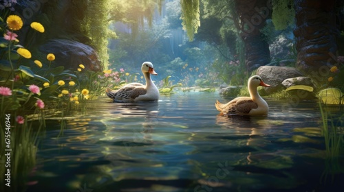  a couple of ducks floating on top of a lake next to a lush green forest filled with yellow and pink flowers.  generative ai © Olga