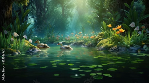  a painting of two ducks swimming in a pond surrounded by green plants and water lilies with yellow flowers in the background.  generative ai