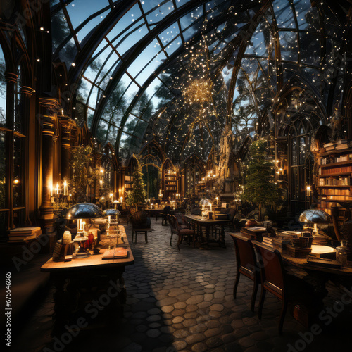An atmospheric bookstore (library) with a huge glass dome, behind which you can see the starry sky, Christmas trees, and warm lights of festive garlands. Unusual bookstores of the future