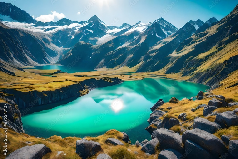 A land of shimmering lakes and towering mountains - AI Generative