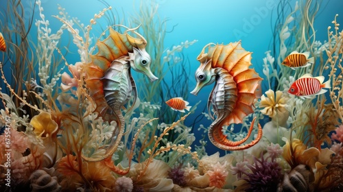  a painting of two seahorses in a coral reef with seaweed and other marine life in the background. generative ai