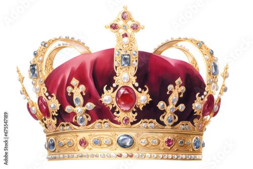 A watercolor depiction of Victorian-era royal crowns for a queen and princess, adorned with gold, gemstones, and diamonds. Isolated on a white background.