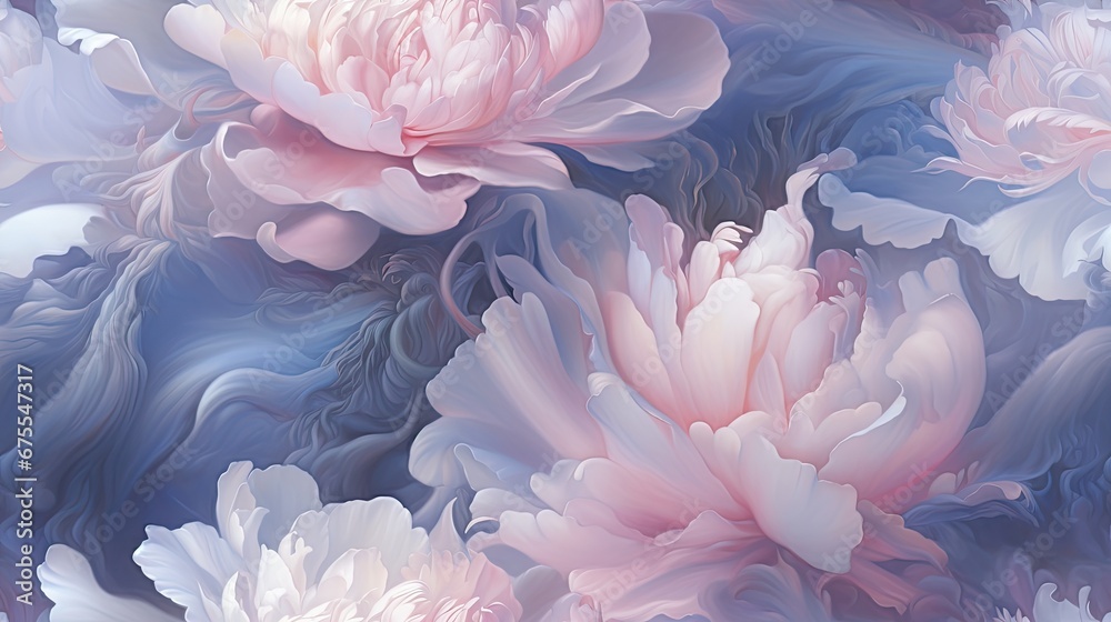  a painting of pink and white flowers on a blue and pink background with swirls of blue and pink on the petals.  generative ai