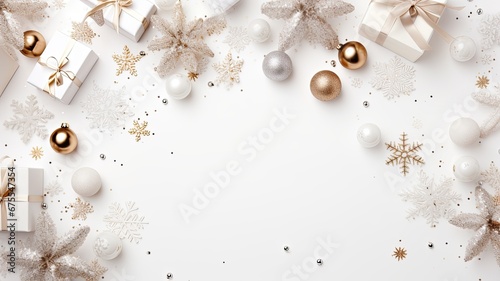 gift boxes adorned with ribbons alongside Christmas tree decorations  glistening balls  and sparkling snowflakes on a pristine white background  in flat style  top view  with ample copy space