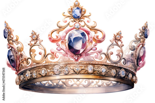 A watercolor-style rendering of queen and princess crowns from the Victorian era, adorned with gold, gemstones, and diamonds. Isolated on a white background, emanating luxury, classic, and vintage all