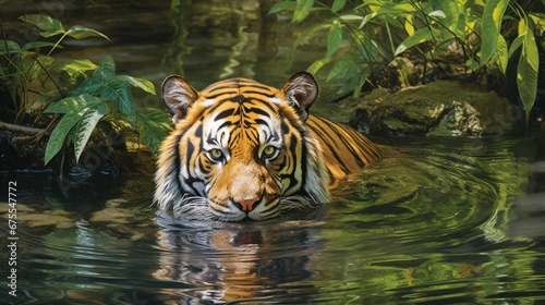 An Indochinese tiger taking a leisurely swim in a tranquil forest pond, creating ripples on the water's surface.