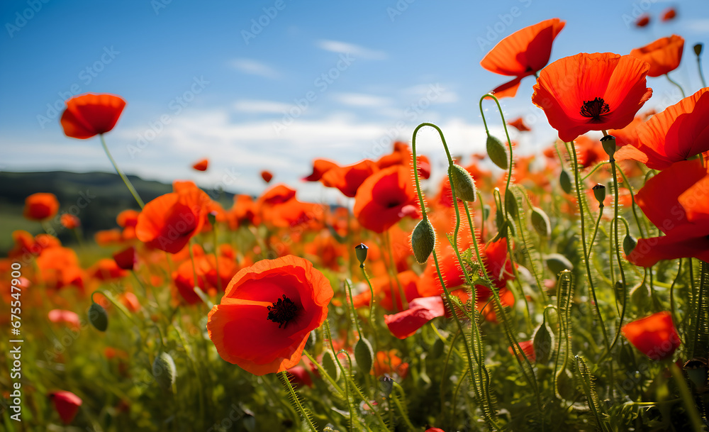 Obraz premium Sunlit poppy field with vibrant red petals and delicate buds, embodying the warm essence of summer.