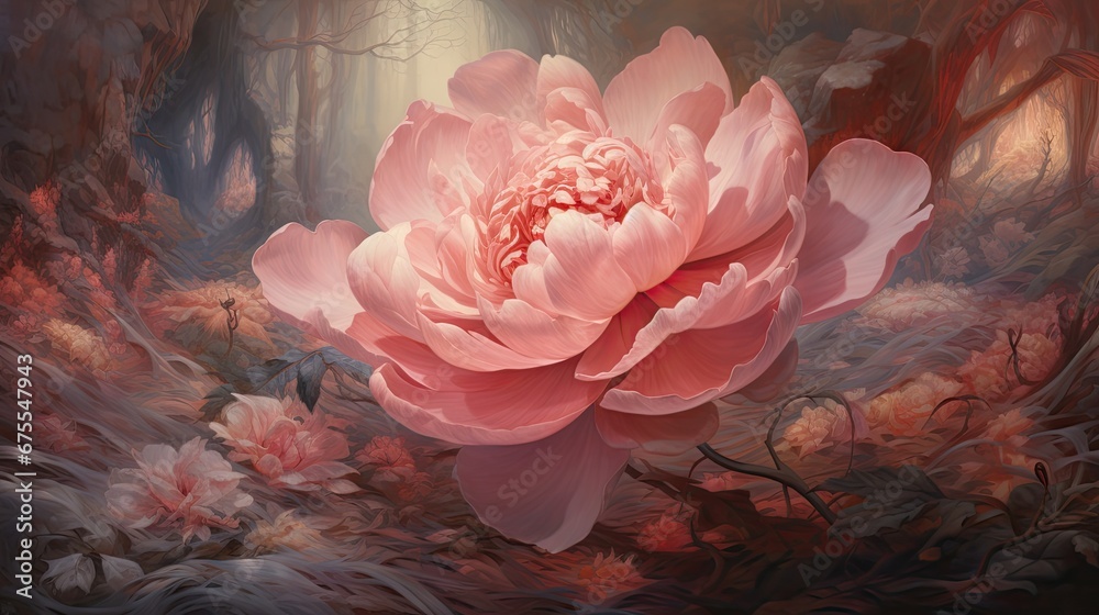 a painting of a large pink flower in the middle of a forest with lots of leaves and flowers on the ground. generative ai a painting of a large pink flower in the middle of a forest with lots of leaves and flowers on the ground. generative ai