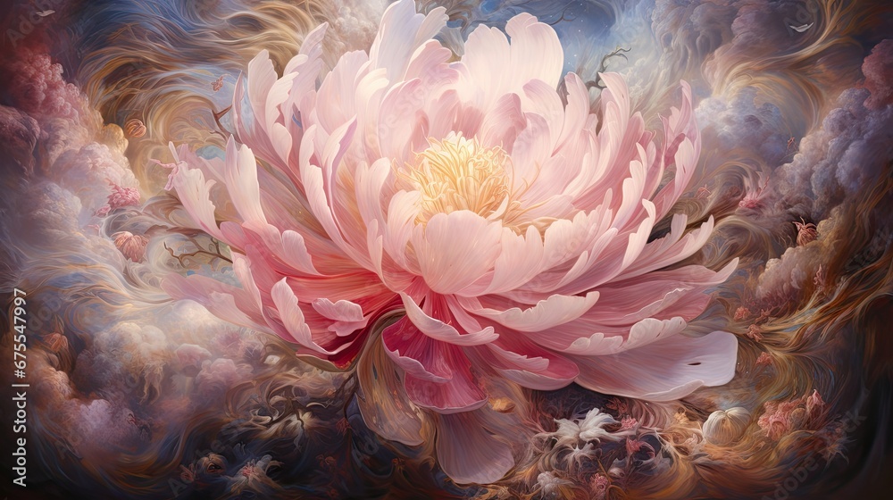 a painting of a large pink flower in the middle of a painting of clouds and a blue sky in the background.  generative ai