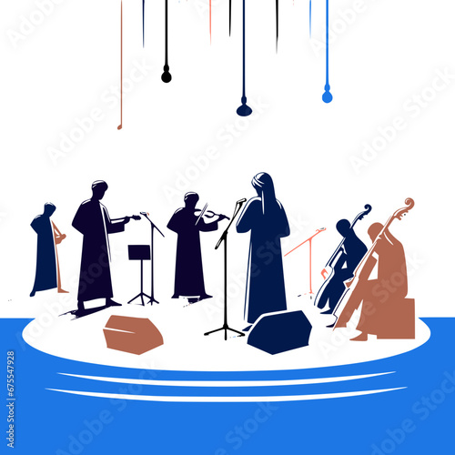 Arabic Melodies: Middle Eastern Musicians on Stage, hand drawn concept illustration in Arab style atmosphere, group of Arab musicians playing diverse music instruments