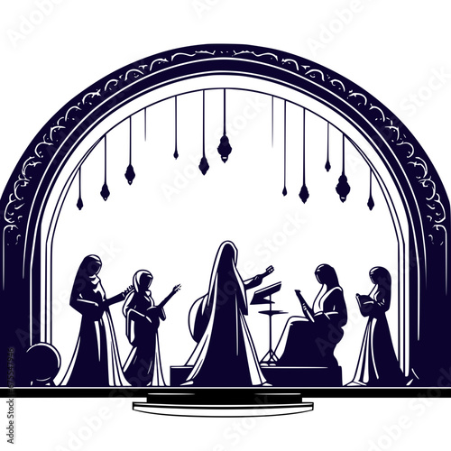 United in Song: Inclusive Musical Collective, hand drawn concept illustration in Arab style atmosphere, women group, sober